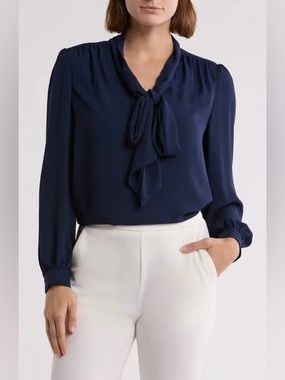 NWT Gemma + Jane Navy Blouse with Bow Detail